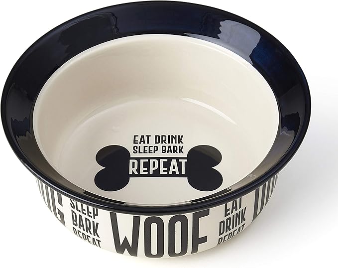PetRageous 17001 Eat Drink Repeat Two-Tone Stoneware Dishwasher Safe Dog Bowl 4-Cup 8.18-Inch Diameter 3-Inch Tall for Medium and Large Dogs and Cats, Off-White, (Pack of 1)