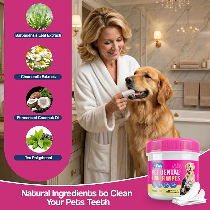 Pet Dental Finger Wipes - Natural Ingredients, Easy to Use Dog Teeth Cleaning Wipes for Effective Dog Teeth Cleaning - Ideal Dog Dental Wipes for Optimal Oral Hygiene