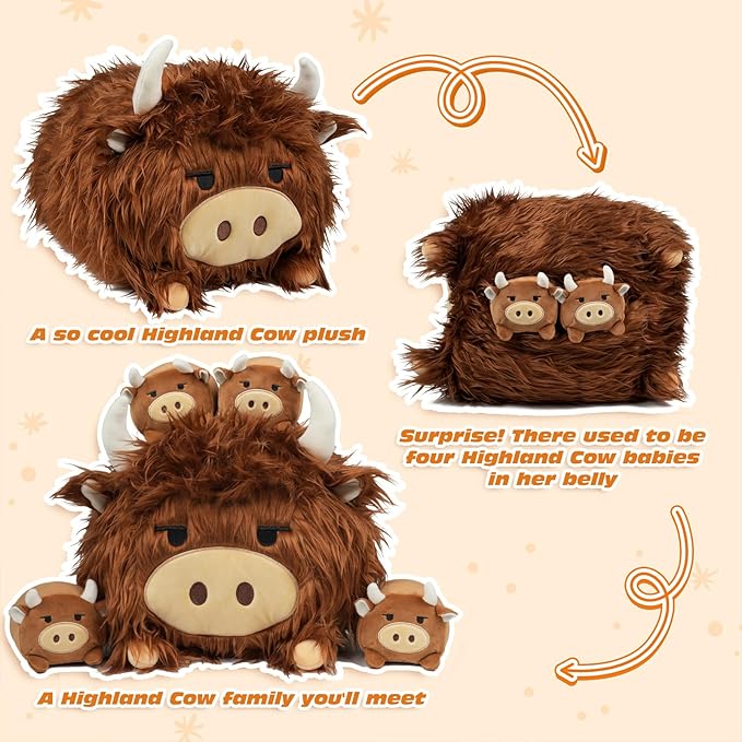 Highland Cow Stuffed Animal, Highland Cow Mommy Plush Set with 4 Baby Calves, Soft Stuffed Toy Pillow, Cute Birthday for Kids Boys Girls