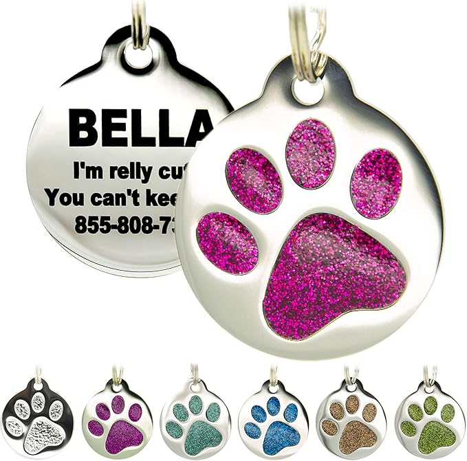 PetANTastic Engraved Cat Tags - Personalized with 4 Lines of Custom Engraved ID, Round Paw Print Stainless Steel Enameled in 6 Colors: Ocean Blue, Aquamarine, Deep Pink, Magenta, Pale Green, Amber