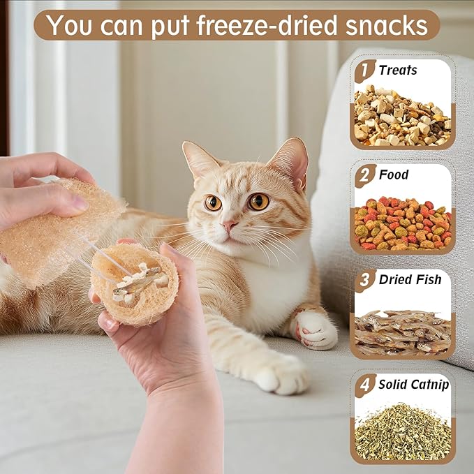 Cat Chew Toy-Natural Loofah Raffia Catnip Toys-7pcs Handmade Gum Massage Teether w/ Cat Wand Toy, Interactive Teeth Cleaning,Kitten Chew Stick for Aggressive Chewers, Safe Bite Relief & Stress Relief