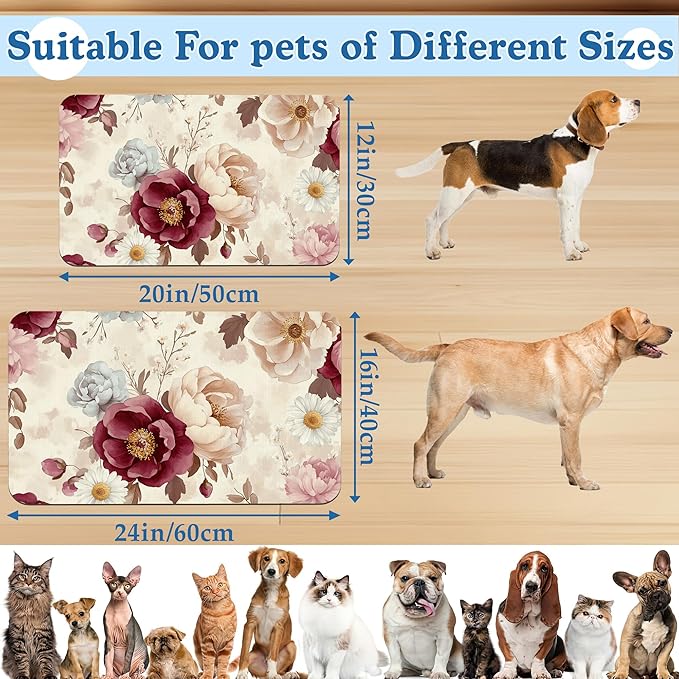 Vintage Floral Rose Pet Feeding Mat–Christmas Stocking Quick Dry Absorbent Dog Cat Food Mat, Non Slip Waterproof Bowl Placemat for Messy Eaters, Pet Accessories for Floors 12"x20"