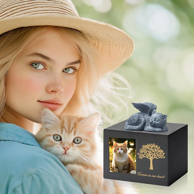 Cat Urns for Ashes, Tree Pattern Wooden Keepsake with Photo Frame, Pet Urn Memory Box with Resin Animal Statue and Sealed Storage Bags (75lbs) (Black)