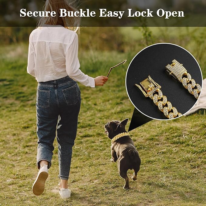 Amabro Cat Chain Collar, Diamond Cuban Link Kitten Walking Collar with Secure Buckle 12mm Wide Pet Rhinestones Necklace Metal Chain Jewelry Accessories for Cats Dogs Kittens Puppies 8inch(Gold)