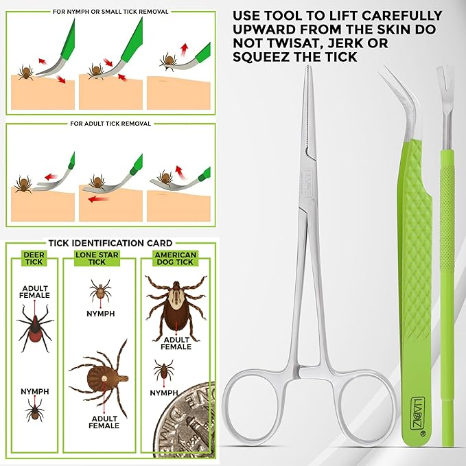 HADIZ Tick Flea Remover Tool Tweezer & Forceps Set for Dogs Cats & Humans Stainless Steel Tick Removal Kit Safe & Effective Tick Puller