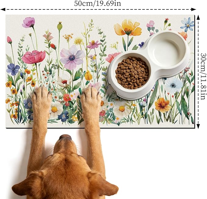 Dog Cat Food Mat - Absorbent Anti Slip Dog Bowl Mats for Food and Water, Quick Dry Cat Feeding Matts for Floors, Diatomite Pet Dish Placemat Accessories Supplies, Wildflower Style, 12 * 20in