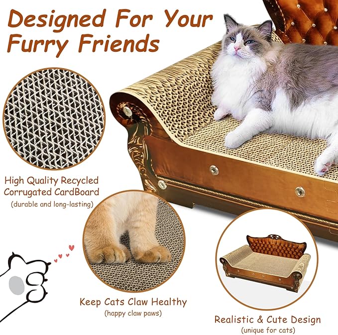 Luxury Cardboard Cat Scratcher Sofa Bed, Couch Shaped Scratching Board, Scratch Lounge with Catnip, Cat Scratcher for Indoor Cats Large Brown