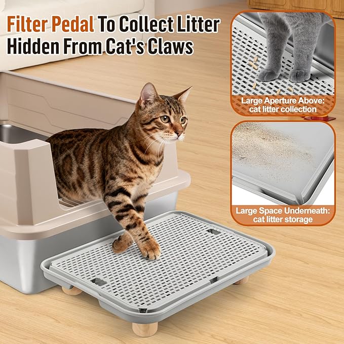 Litter Box Step, Cat Ramp/Step/Catcher with Wooden Base, Filter Function, Easy to Clean, Filter Pedal Ideal for Kitten & Elderly Cats (Light Grey)