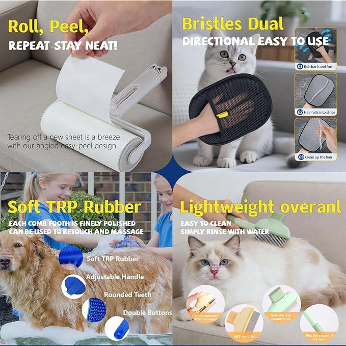 4-in-1 Pet Hair Removal Kit, Reusable Lint Roller, Anti-Slip Glove, Deshedding Comb, Portable Sticky Roller for Cats and Dogs（Blue）