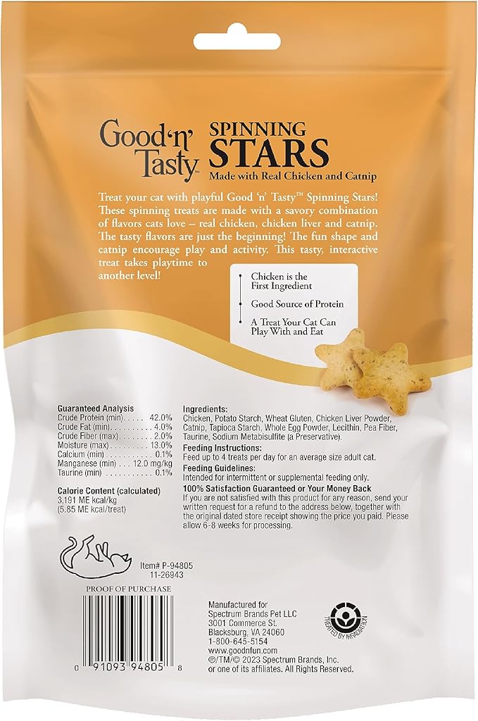 Good ‘n’ Tasty Spinning Stars Cat Treats, 3.2 Ounce Bag, 2-in-1 Treat & Toy Made with Real Chicken, Chicken Liver & Catnip, Encourages Playfulness & Low Calorie, 2 Pack