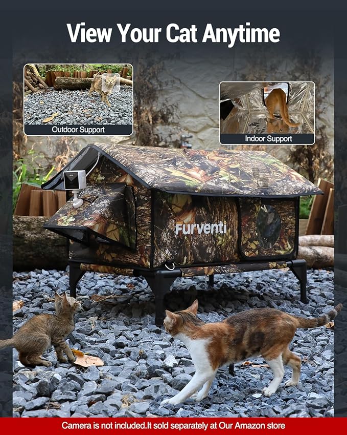 Heated Cat House for Outside,Extremely Weatherproof&Insulated in Winter,Elevated Outdoor Cat Shelter with Waterproof Eaves&Escape Door for Feral Stray Barn Cats(Leaves,L)