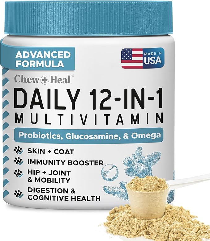 12-in-1 Multivitamin Powder for Dogs - 14 oz of Puppy and Senior Dog Vitamins and Supplements - Advanced Formula with Glucosamine, Omega 3,6,9, Vitamins, Probiotics, and More - Made in the USA