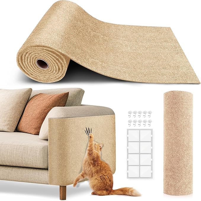 Cat Scratch Furniture Protector, Trimmable Self-Adhesive Carpet, DIY Climb Cat Scratcher Mat for Covering Cat Tower and Couch Protector from Cat Claws（Beige）