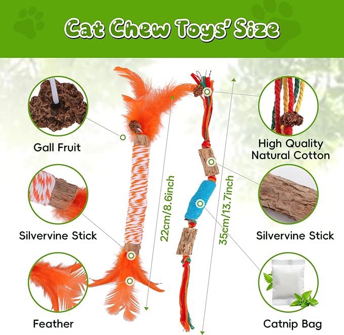 Silvervine Sticks for Cats & Cat Chew Rope Toy with Refillable Natural Catnip Bag for Teeth Cleaning, Interactive Cat Catnip Toys for Indoor Cats, Kitten Teething Toys for All Breeds (12Pcs)