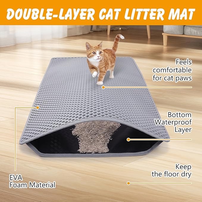 Large Cat Litter Mat for Multiple Cats, 46x26 Inch Double Layer Waterproof Litters Box Mat, Non-Slip Cat Mat for Litter Box