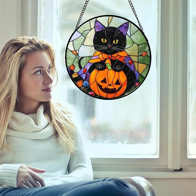 Stained Glass Window Hanging Black Cat Orange Pumpkin Large 11.8" - Suncatcher Door Garden Kitchen Sun Catcher Home Decor Birthday for Lost Pets Mom Men Woman Friend Grandma