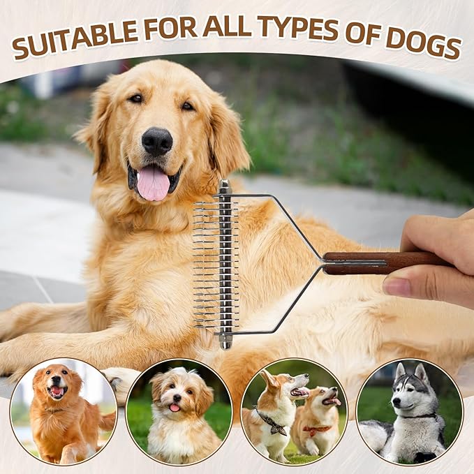 Large 2-Sided Undercoat Rake for Dogs and Cats，Professional Pet Grooming Shedding Tool Combs for Animals，Stainless Steel with Wooden Handle for Thick Coats (20-Blades)
