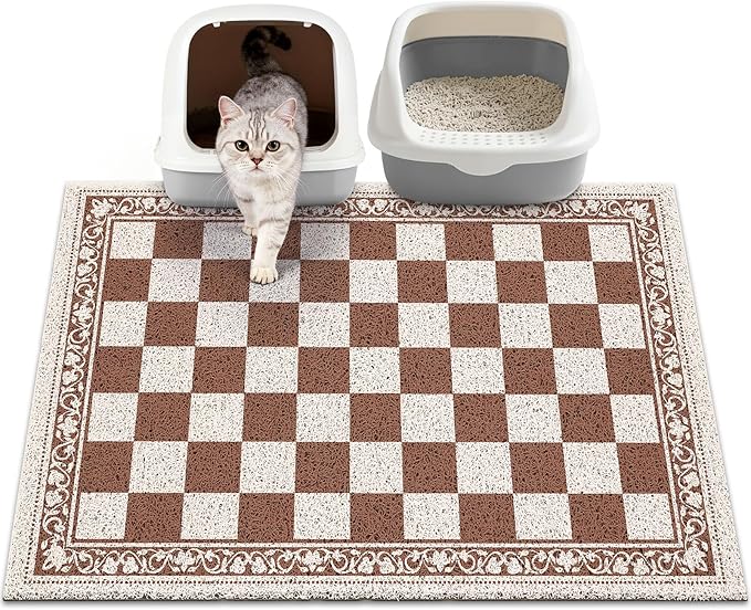 Bienbee Cat Litter Mat, 33" x 22" Waterproof Litter Box Mat Litters Rug with Non-Slip Bottom, Easy to Clean Litter Trapping Mat for Cat,Light Beige Checkerboard L
