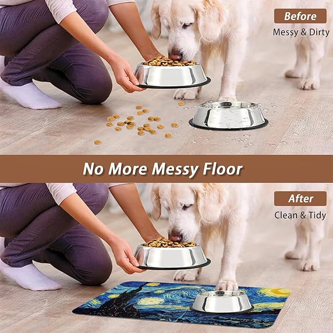 Starry Night Dog Cat Food Mat,Absorbent Pet Feeding Mat for Food and Water,Non-Slip Dog Bowl Mats Floor Protector 12"x20"