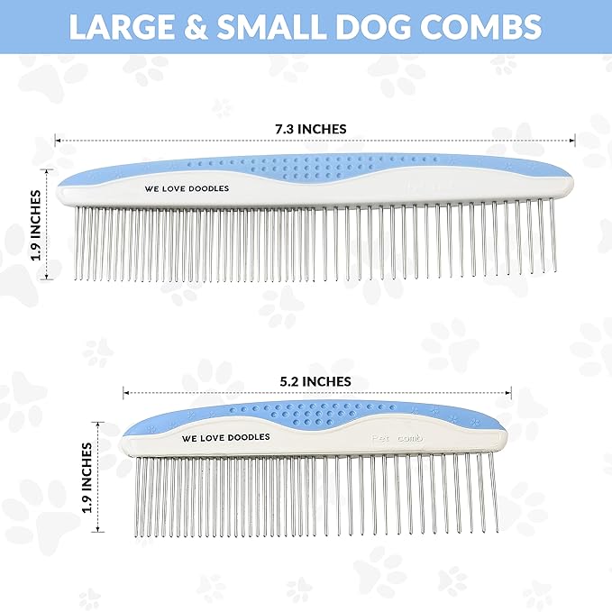 We Love Doodles Dog Comb (2 Packs) & Lavender Detangler Spray 16oz – Pet Grooming Essentials, Stainless Steel Rounded-End Dematting Metal Comb for Dogs, Dog Leave-In Conditioner Spray for Detangling