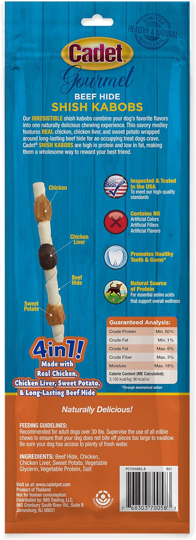 Cadet Gourmet X-Large Triple-Flavored Beef Hide Shish Kabob Dog Treats - Healthy & Natural Chicken, Liver, & Sweet Potato Dog Treats for Dogs Over 30 lbs., 10 in. (2 Count) (Pack of 3)