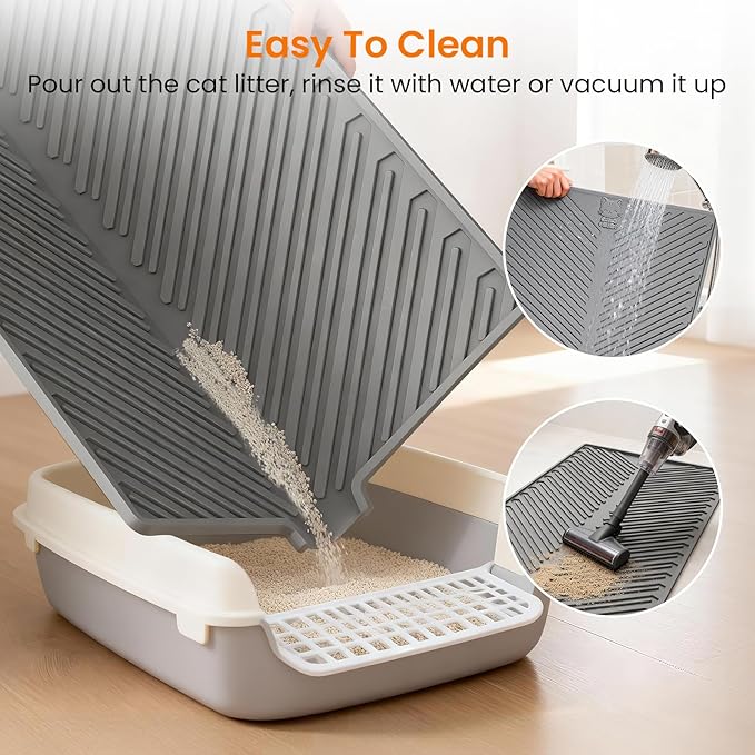 Cat Litter Box Mat, 34" x 22" Large Silicone Waterproof Litter Trapping Mat for Scatter Control, Non-Slip, Easy to Clean, Soft on Kitty Paws