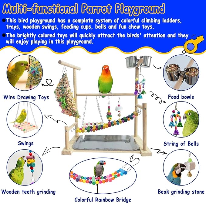 kathson Bird Playground,Parakeet Play Stand,Parrots Play Gym with Food Bowls,Cockatiel Playstand with Chewing&Exercise Toys,Birds Perch Stand for Budgie Conures Lovebirds