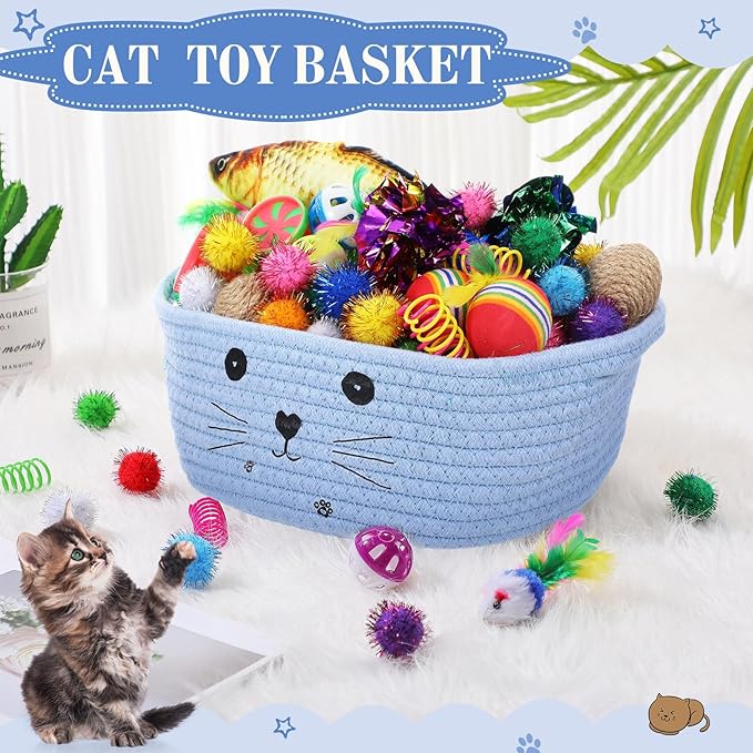Zopeal 58 Pcs Valentine's Day Cat Storage Basket Gift Toys Set, Colorful Flashing Balls Pet Bell Crinkle Balls Spring Toys Attract Cat to Swat, Hunt, Interactive for Pet(Light Blue,9.8 Inch)