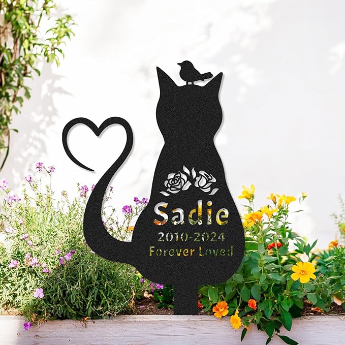 Custom Cat Memorial Grave Marker with Bird and Heart, Personalized Flowers Cat Memorial Stake Metal Garden Sign, Customized Pet Cat Sculpture Memorial Plaque for Cemetery Grave Yard Sign