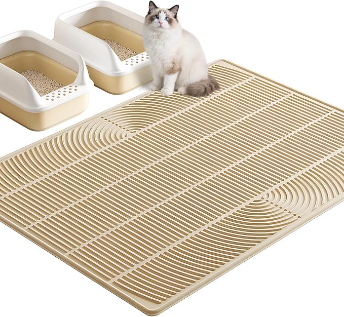 TRZZ XXL Extra Large Cat Litter Mat, Silicone Litter Box Mat for Floor, Waterproof & Non-Slip, Easy to Clean, Cat Litter Trapping Mat & Kitty Litter Catcher for Scatter Control (Khaki)