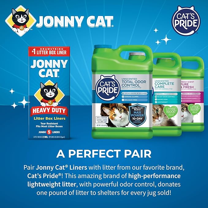 Jonny Cat Litter Box Liners: Heavy Duty - Tear & Leak Resistant - Drawstring Close - Jumbo, 30 Count