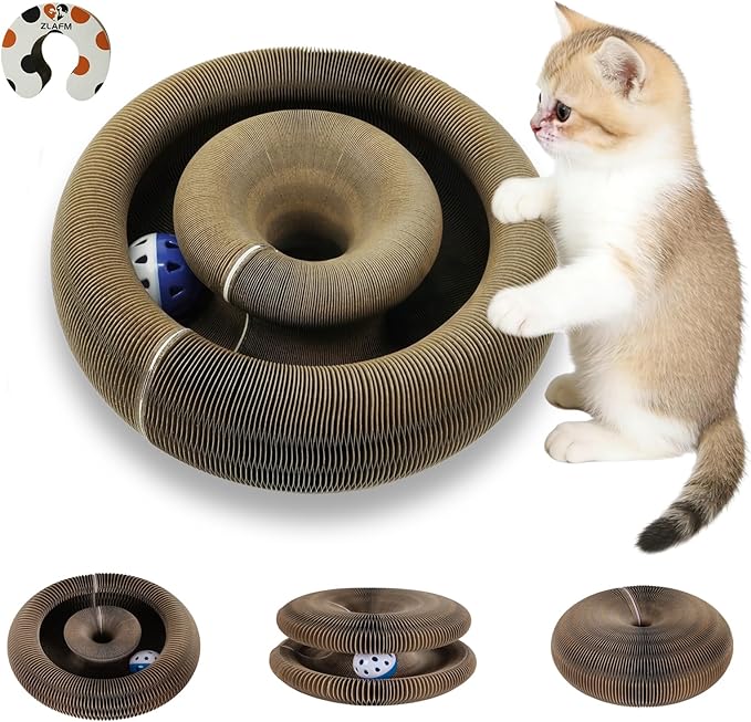 Magic Organ Cat Scratcher Toy, Foldable & Reversible Accordion Kitty Toy with Bell Ball, Interactive Cardboard Scratching Board Scratcher Pad for Indoor Cats (1 Pack)