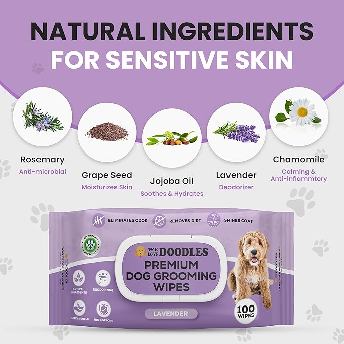 We Love Doodles Dog Wipes - Deodorizing & Cleaning Pet Wipes, for Coat, Face, Paws, Butt, & Body, Dog Essentials & Grooming Supplies, Made in USA, Lavender (400 Wipes)