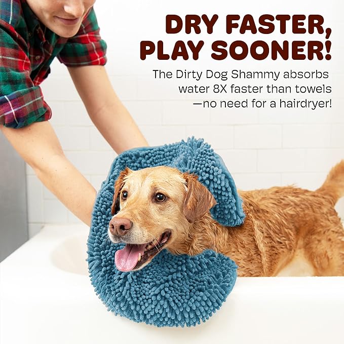 Dog Gone Smart The Dirty Dog Shammy - Antimicrobial Microfiber Dog Towel for Odor Control, Fast-Drying Plush, Dual Hand Pockets & Elastic, Super Absorbent, Machine Washable, 31 x 13 in, Pacific Blue