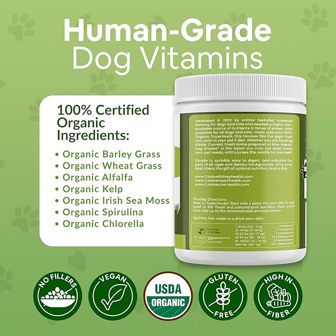 Superfood Multivitamin Powder - Dog Vitamins and Supplements, Organic Kelp, Spirulina, Sea Moss for Homemade Food, Kibble and Raw Meals, Energy, Immune, Joint & Skin Support for All Ages