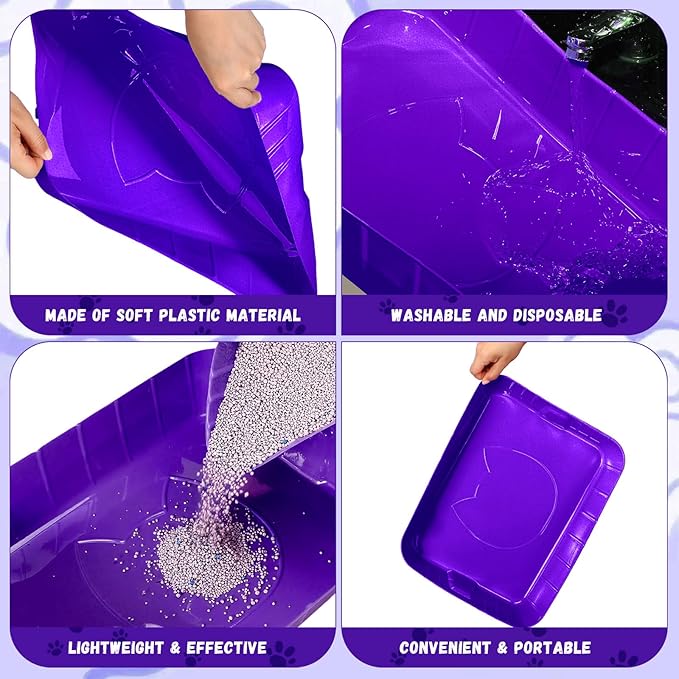 Bokon 25 Pcs Disposable Litter Boxes for Cats Plastic Cat Litter Tray Large Kitten Pan for Kitty Rabbit Guinea Pig Hamster Pets Supplies Travel Home Toilet, 15.7 x 11.8 x 3 Inches (Purple)