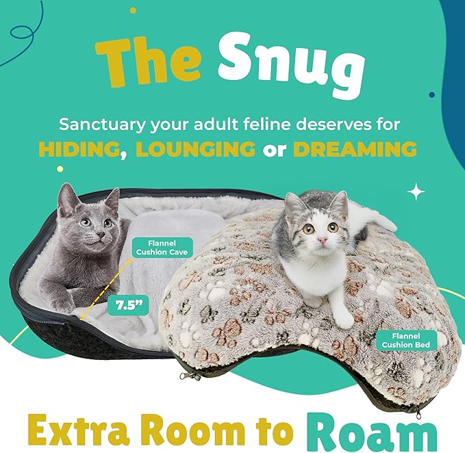 RINGTAIL Peekaboo Cat Cave - for Multiple & Large Cats Up to 30-45 lbs, Comfy Donut Cat Bed with 2 Soft Fluffy Fleece Cat Blankets, Scratch, Detachable & Washable Tunnel Bed (Dark Gray, Large)