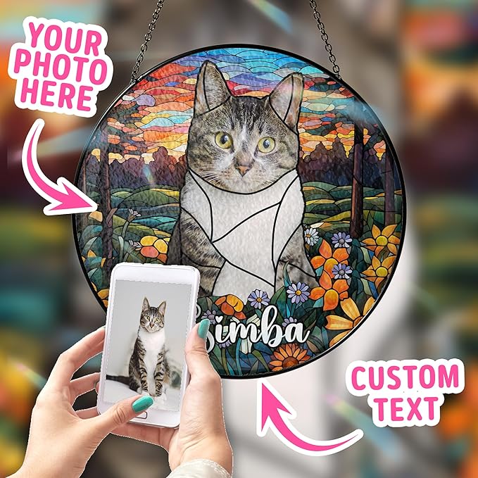 Custom Cat Portrait Art Suncatcher Stained Glass Remembrance Gift Dog Indoor Decor Window Hanging Dog Cat Bereavement Keepsake Loss of Pet Sympathy with Name Date Portrait Gifts