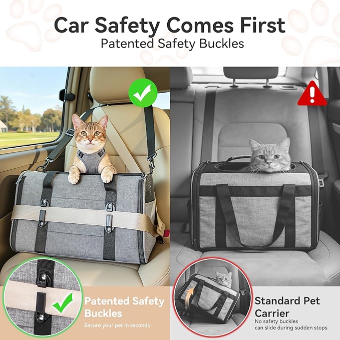 PETSFIT Large Cat Car Carrier with Patented Safety Buckles(19 x 12 x 12) – Roomy Escape-Proof for Safe Driving, Lockable Zippers & Safety Tether, Soft-Sided Travel Carrier for Road Trips & Vet Visits