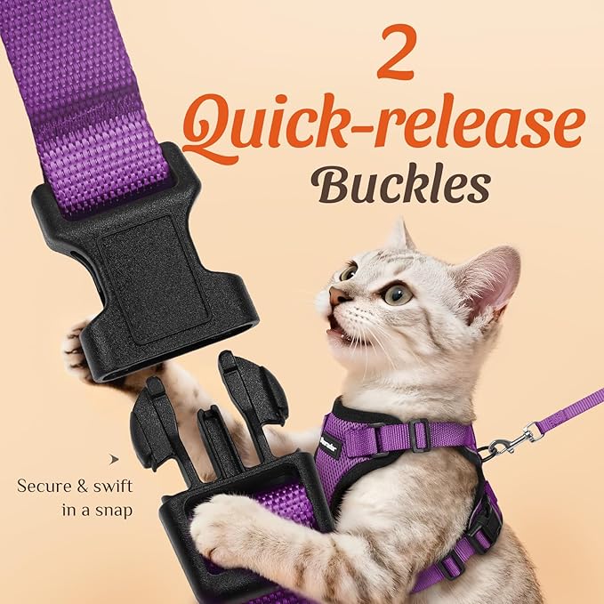 Dooradar Cat Harness and Leash Set, Escape Proof Safe Adjustable Kitten Vest Harnesses for Walking, Easy Control Soft Breathable Mesh Jacket with Reflective Strips for Cats, Purple, XXS