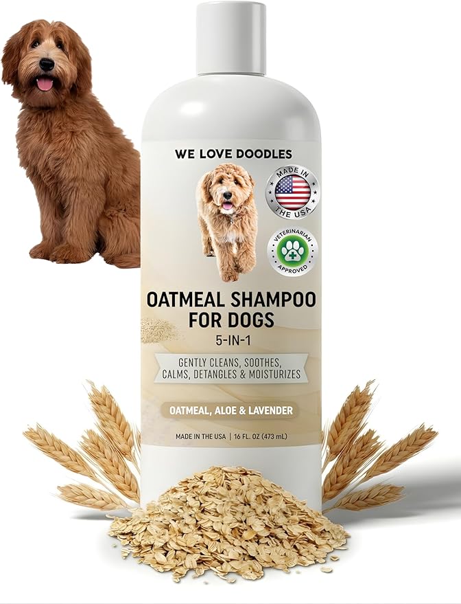 5-in-1 Premium Oatmeal Shampoo for Dogs, Gentle for Itchy & Sensitive Skin, Provides Itch Relief, Hypoallergenic & Soothing for Dry Skin, Moisturizing Anti-Itch, Made in USA, 16 oz [We Love Doodles]