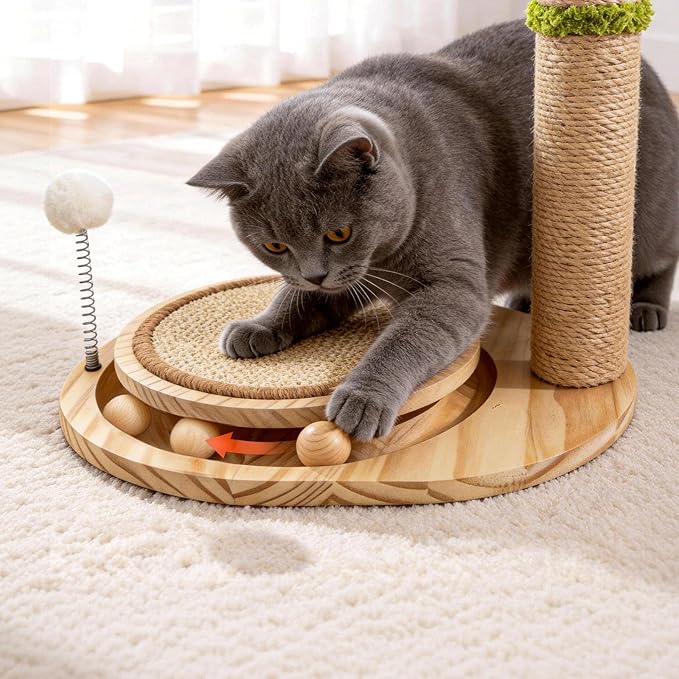 Cute Babys Breath Flower Cat Scratching Post, 39" Tall Cat Tree, Interactive Cat Toys with Ball Track & Spring Ball, Cat Scratcher with Pad for Indoor Cats Adults and Kittens