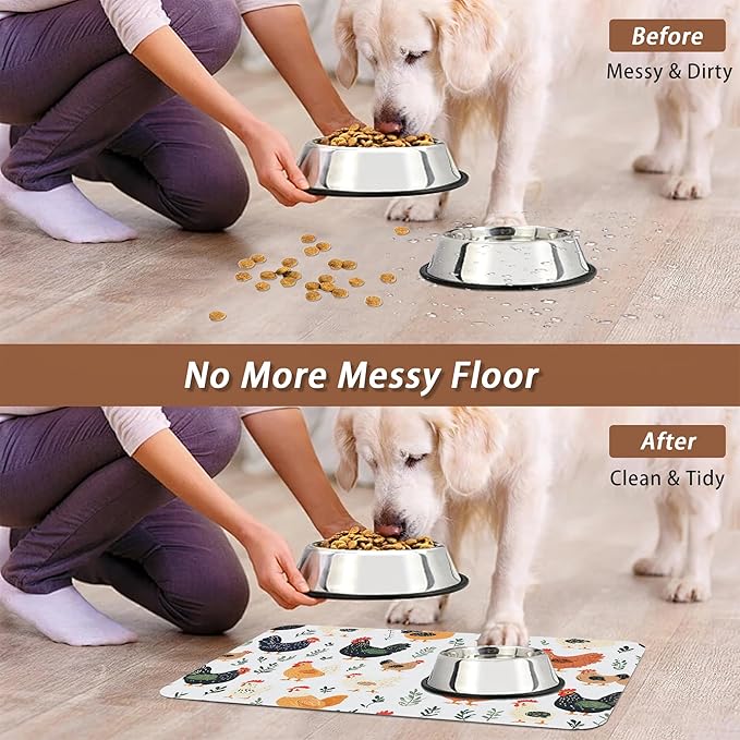 Rooster Dog Cat Food Mat,Hen Chicken Meadow Absorbent Pet Feeding Mat for Food and Water,Non-Slip Dog Bowl Mats Floor Protector 12"x20"