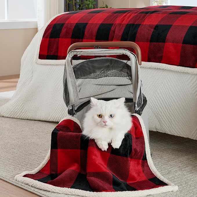 Qeils Dog Blankets for Small Dogs, Waterproof Dog Blanket Washable, Soft Sherpa Fleece Puppy Blanket for Kitten Doggy, Warm Cat Blankets for Indoor Cats, 30"X40", Red Christmas Checker