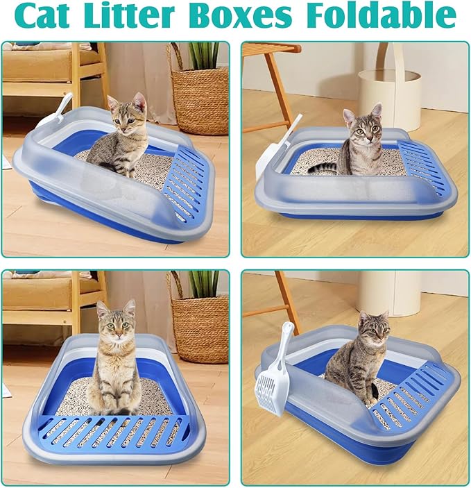 VCEPJH Collapsible Litterbox with High Sides Small Cats Litter Pan with Scoop Open Cat Litter Box Portable Travel Kittens Toilet Kitten Starter Kit for Kittens Adult Cat Elderly Cats (Blue)