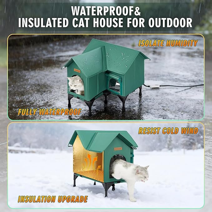 Outdoor Cat House Weatherproof, Heated Cat House for Outside, Insulated Outdoor Cat Shelter with Thickened Model (Green, L)
