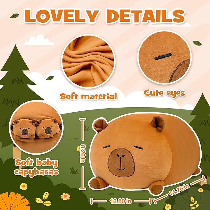 Capybara Plush, Soft Stuffed Animal Pillow Toy, Capybara Mommy with 4 Baby Plushies Family Set, Cute Birthday Gift for Kids Boys Girls Adults