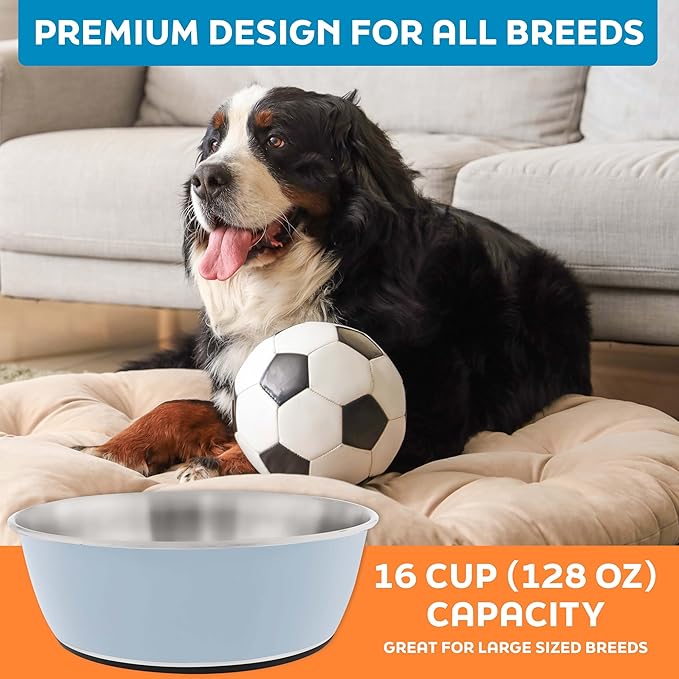 Master Pet Supply Stainless Steel Dog Bowls Set of 2 (128 Oz Each) with Non-Slip Rubber Base - Glacier Blue - Basic Dog Food Bowl Water & Food Bowls for Small Medium Large Dogs & Cats, Metal Dish