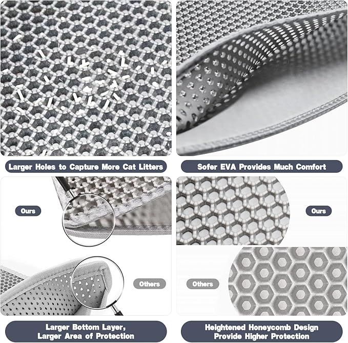 Cat Litter Mat 30"x24" Double Layer Waterproof & Non-Slip - Honeycomb Washable EVA Large Litter Mat for Scatter Control, Urine Proof Litter Trapping Mat for Litter Box(Light Grey)