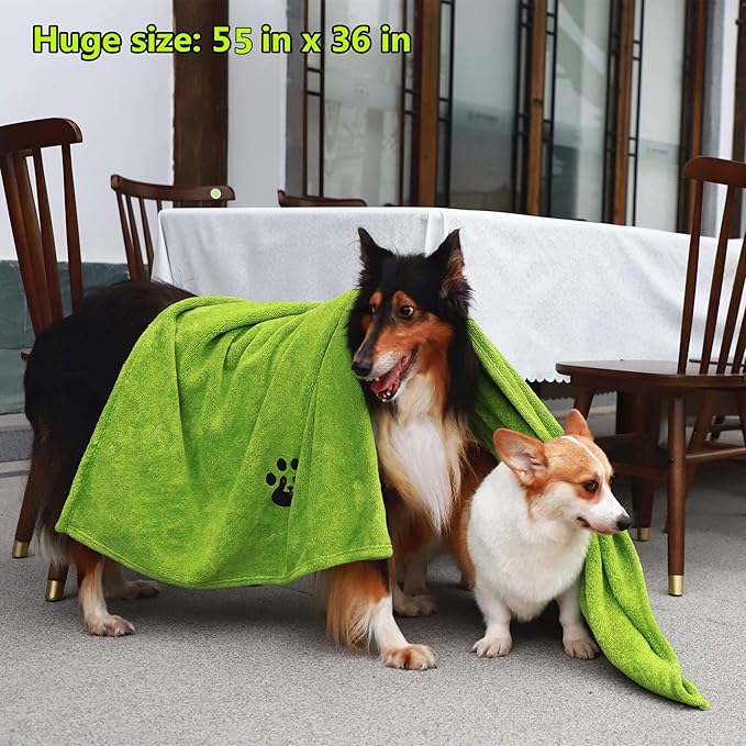 Extra Large Dog Towel - Pack of 2 - Super Absorbent Soft Microfiber Pet Bath Grooming Towels for Drying Dogs and Other Pets (XL-55" * 36", Green and Brown)